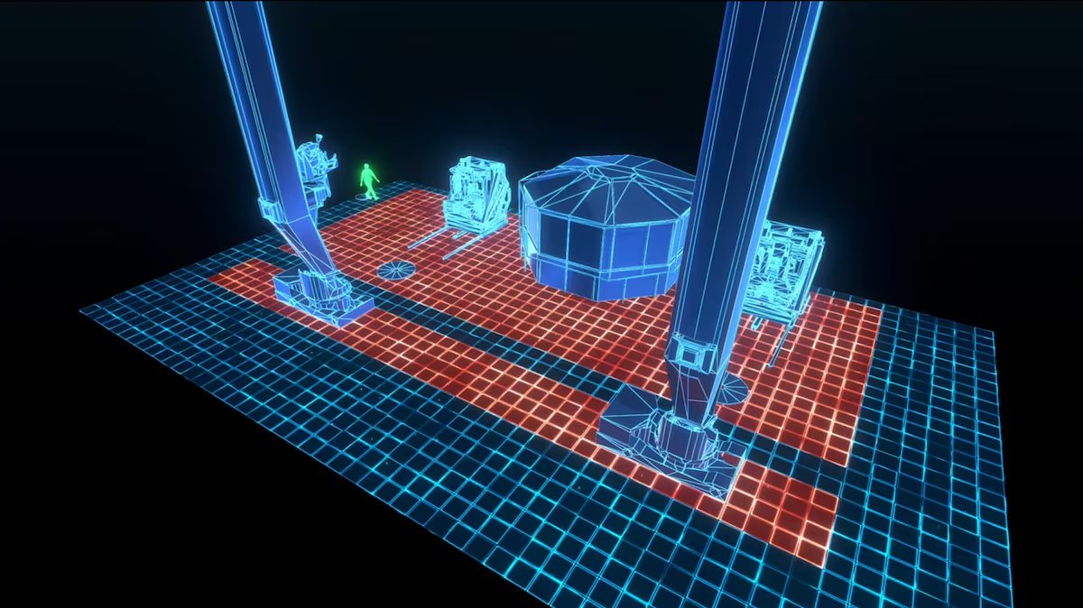 Wireframe visualization of a rig floor with LiDAR-derived geometry, machinery and a person highlighted in green, with hazard zones shaded red.